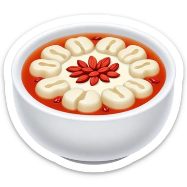 Sweet white fungus soup with red dates and goji berries, simplified emoji style with bold outlines and bright colors, cartoon style Yin Er Tang dessert sticker