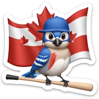 bluejay standing swinging bat, toronto blue jays baseball hat, background canadian flag
 sticker