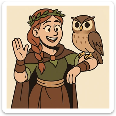 smiling female druid, cartoon style, braided hair, animal companion owl, earth-toned clothing sticker