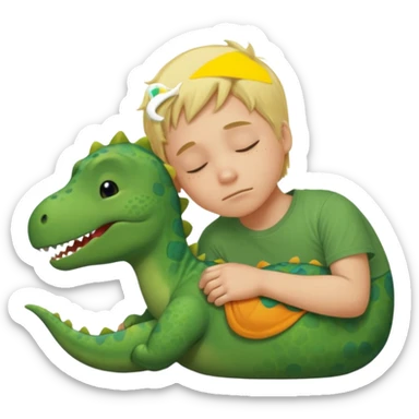 Blond boy sleeping wearing a green dinosaur t-shirt sticker