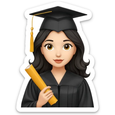 beautiful olive-skinned woman with wavy black hair wearing graduation cap and gown, holding diploma sticker