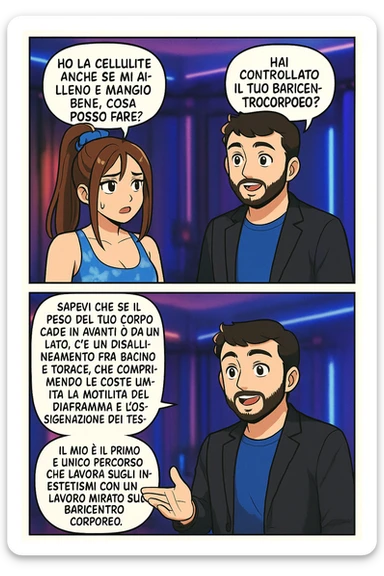TRASFORMA QUESTO CAROSELLO IN UN FUMETTO STILE MANGA A COLORI CON QUESTE DUE PERSONE IDENTICHE CHE INTERLOQUISCONO TRA LORO:

LEI: Ho la cellulite anche se mi alleno e mangio bene, cosa posso fare?

LUI: Hai controllato il tuo baricentro corporeo?
LUI: Sapevi che se il peso del tuo corpo cade in avanti o da un lato, c’è un disallineamento fra bacino e torace, che comprimendo le coste, limita la motilità del diaframma e l’ossigenazione dei tessuti?
LUI: Il mio è il primo e unico percorso che lavora sugli inestetismi con un lavoro mirato sul baricentro corporeo. sticker
