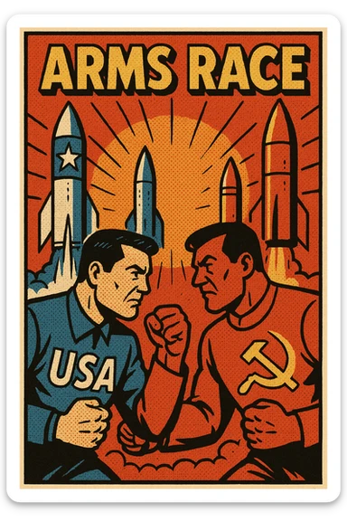 An poster showing the image of an ARMS RACE between the USA and Soviet Union during the Cold War with images of nuclear missiles sticker