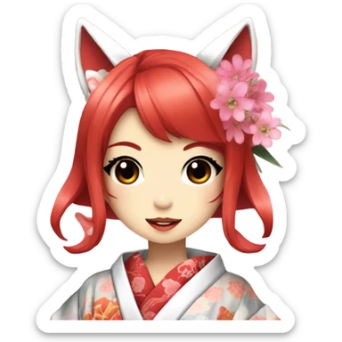 hime gyaru girl, kimono, red hair, kitsune mask sticker