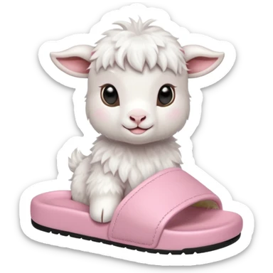 a baby goat emoji wearing pastel pink chunky slides sticker