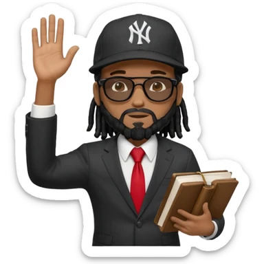 African American man with black beardwith shoulder length black dreadlocks wearing black sunglasses wearing a New York Yankees logo baseball cap wearing a black suit with white shirt and red tie with a Bible in right hand with left hand raise out sticker