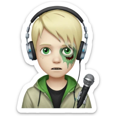 boy zombie whit blonde emo hair and eyes blue and green skin and heandphones and a microfone sticker