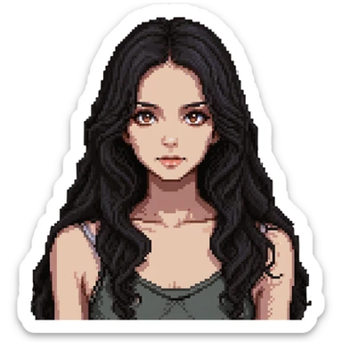 strong girl with brown eyes, flesh-colored skin, long slightly wavy black hair sticker