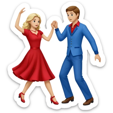 Two people. Man wearing all  RED with brown hair. Women  ALL blue with blond hair. Swing Dancing.  sticker