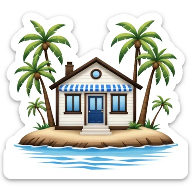 A full square no roof  white and blue stripe house horizontally with brown wooden door on a island with palm trees  sticker