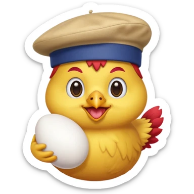 chicken wearing a French beret holding an egg, emoji style sticker