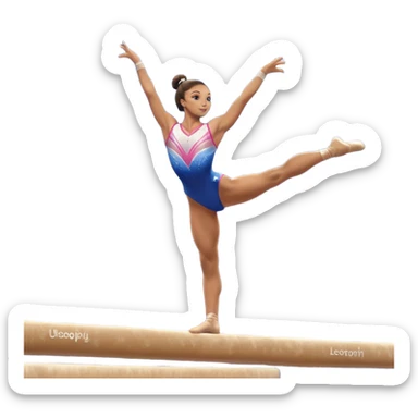 A gymnast performing a flawless routine on the balance beam, showcasing strength and grace. The scene captures the precise, elegant movement with perfect balance and form. The background features a gymnastics arena with vibrant lighting and cheering crowds, emphasizing athleticism and poise. sticker