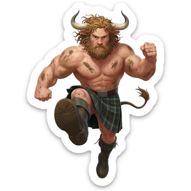 big buff curly hairy man covered in dirt with freckles with messy light brown bangs that covers his face completely with bull horns and bull ears and bull tail dressed in kilt jumped up kicking with his strong leg in boots with wind in his hair front view sticker
