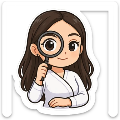 3D chibi bitmoji style sticker of the girl from the reference image, with long dark hair and wearing a white medical top, looking at the viewer through a magnifying glass, face close to the screen, one eye enlarged, with a white outline and transparent background. sticker