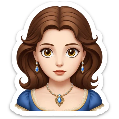 Cinematic Realistic Belle Portrait, depicted with lifelike skin texture, soft natural lighting, and intricately detailed brown hair styled elegantly. Her deep, expressive eyes exude warmth and intelligence, complemented by a serene and graceful expression. She is dressed in her classic attire, with rich fabric textures and delicate folds that catch the light beautifully. The portrait features a soft, enchanting glow with a natural, radiant finish, capturing the essence of timeless beauty in a realistic and painterly style, evoking a sense of depth and authenticity. sticker