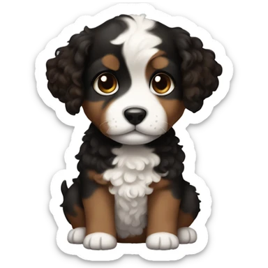 Puppy with curly black and brown fur and white chest sticker