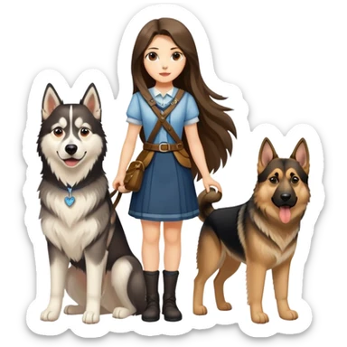 A long-haired girl is leading a husky and a German shepherd sticker