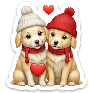 2 English cream golden retrievers cuddling with winter hats and heart in between them. Make them pale dogs . Less cartoon and no hands holding heart just a heart in between  sticker