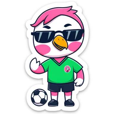 flamingo soccer player wearing sunglasses and a black and green jersey sticker