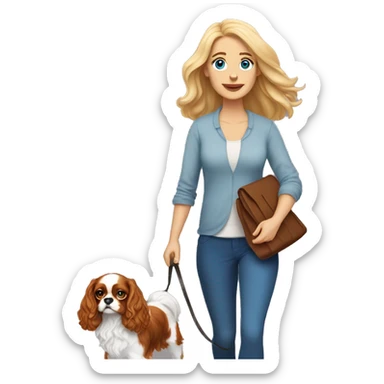 A white woman with blue eyes walks with a cavalier King Charles spaniel sticker