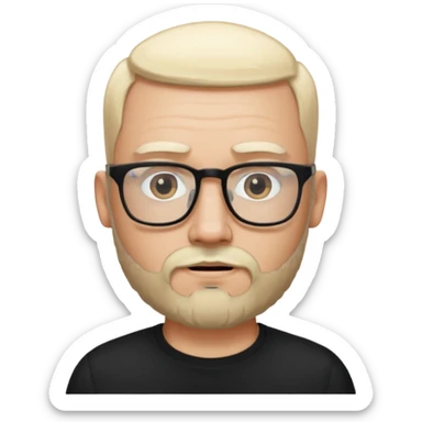 bearded blonde bald man with eyeglasses with black shirt sticker