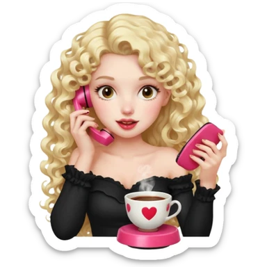 exaggerated features of woman with curly long blond hair, gossiping on a pink analogue phone, holding a tea cup, wearing an off-shoulder black top, red face sticker