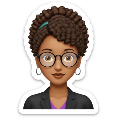 chica morena de ojos claros con gafas negras exagonales redondeadas. y pelo rizado castaño con todo el pelo recogido en una coleta .. Con todo el pelo recogido un clen look solamente una coleta sticker