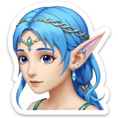 portrait of blue haired Elvish fae shiny sparkly iridescent translucent diaphanous ear climber ear cuff sticker