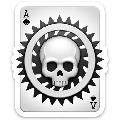 playing card back design in emoji style, bold black and white spiral motif, mechanical sawblade and skull elements, clean and simple emoji look, no text sticker