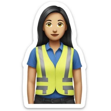 Ikea coworker asian woman blue stripes t-shirt and yellow security vest sticker