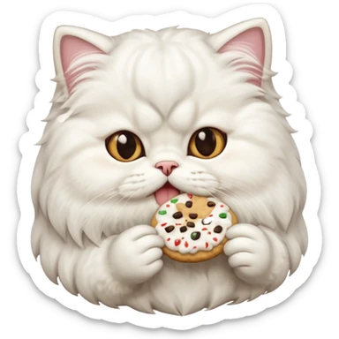 fluffy white Persian cat munching on a cookie, emoji style sticker