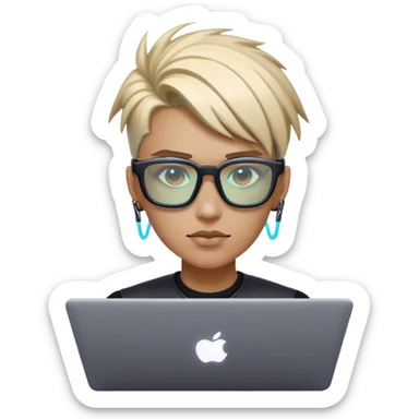 An emoji of a person with a laptop, but wearing cyberpunk glasses and with a slight neon glow sticker