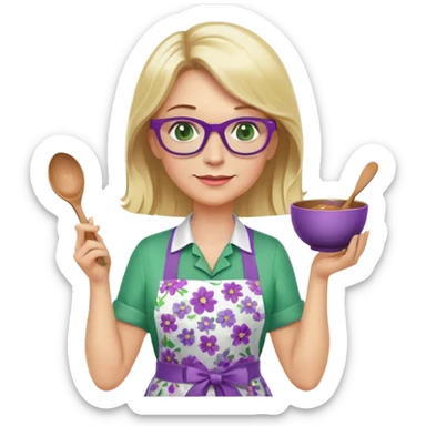 middle aged woman with shoulder length blonde hair, purple glasses, green eyes, wearing a flower apron, holding a bowl in one hand and a mixing spoon in the other sticker