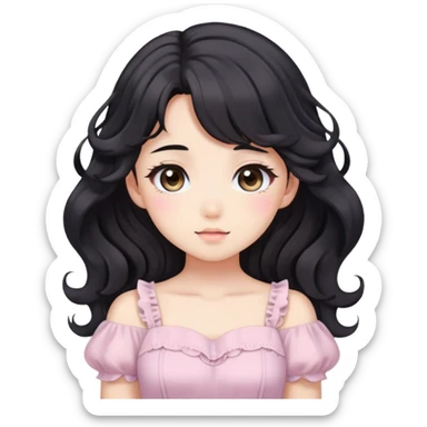 Cute kawaii anime lady with beautiful black wavy hair wearing a gorgeous soft feminine pastel dress sticker