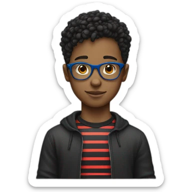 young boy with blue glasses, short hair, and black t-shirt anda red and black stripped shirt on top sticker