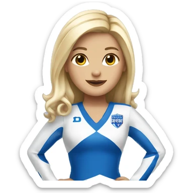 blond cheerleader wearing a blue and white uniform that says “dhs” on it  sticker