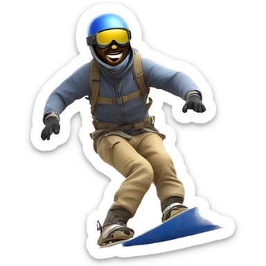 Design an emoji of a man sandboarding down golden dunes, wearing a helmet and goggles, in a dynamic pose to show motion and excitement, with sand trails for added action. sticker