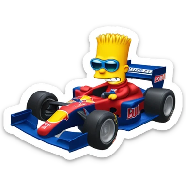 Bart simpson with his helmet but his eyes visivle, driving a red bull in a track of formula 1 sticker