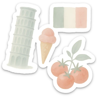 Italian symbols in watercolor style with white, green, and pink pastel tones sticker