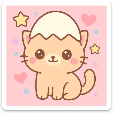 Add a playful, colorful background behind the adorable kitten with an egg hat, in kawaii style. sticker