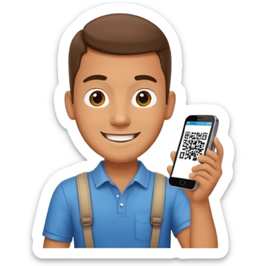 Draw a male tourist who pointed his phone to scan a QR code at a POS terminal for payment. In the style of an Apple emoji sticker