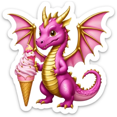 A dragon with its shiny glittered wings in pink tones and pink and gold legs, eats vanilla and chocolate ice cream sticker