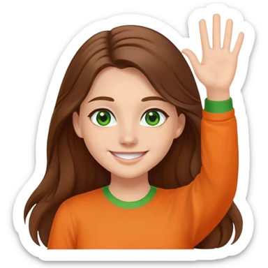 smiling girl with long brown hair, middle hair part, waving, green eyes, orange shirt sticker