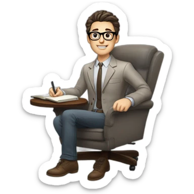 Pale skinned Fit Man With dark brown hair in gray jacket, beige office shirt and vintage glasses sitting In a soft chair with a notebook with emblem Ψ and a pen in his hands sticker