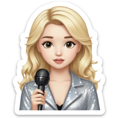 Blonde female pop star with microphone and sparkles, inspired by Sabrina Carpenter sticker