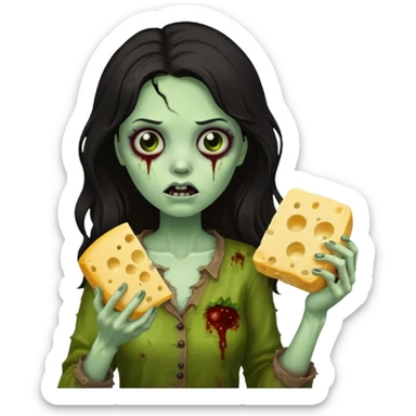 dark haired woman zombie holding moldy cheese piece sticker