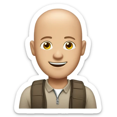 A male tour guide with no hair, friendly smile, sticker