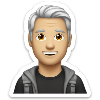 a shaved white man, with long dark brown hair, with a black t-shirt sticker