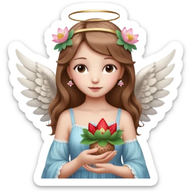 یه دختر زیبا با موهای قهوه ای روشن که مثل یک فرشته است و تازه متولد شده به همراه گل نیلوفر لای موهاش بالای گوشش و همراه با نیلوفرهای آبی و یک گل نیلوفر ترکیب شده با توت فرنگی در دست راستش. لباسش تصویر خرس داشته باشه روس sticker