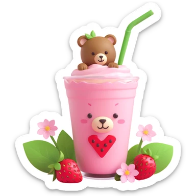 A strawberry milkshake cup with a straw, a cute bear peeking out, two strawberries with green leaves, and pink cherry blossom flowers, in 3D iOS style, pastel colors, soft shadows, clean and minimalistic design sticker